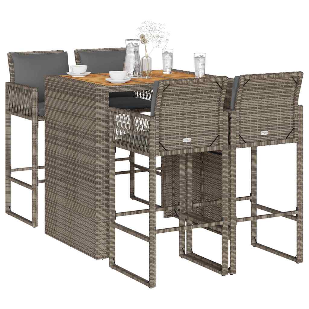 Set Bar da Giardino 5 pz con Cuscini Nero in Polyrattan Acacia | homemem39