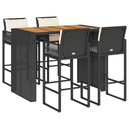 Set Bar da Giardino 5 pz con Cuscini Nero in Polyrattan Acacia | homemem39
