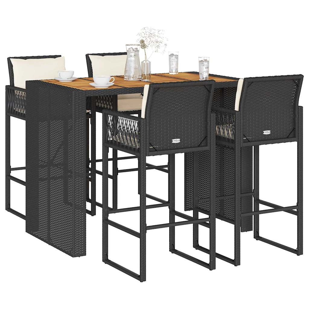 Set Bar da Giardino 5 pz con Cuscini Nero in Polyrattan Acacia | homemem39