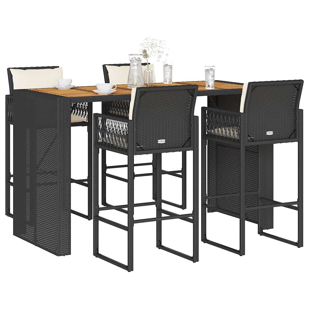 Set Bar da Giardino 5 pz con Cuscini Nero in Polyrattan Acacia | homemem39