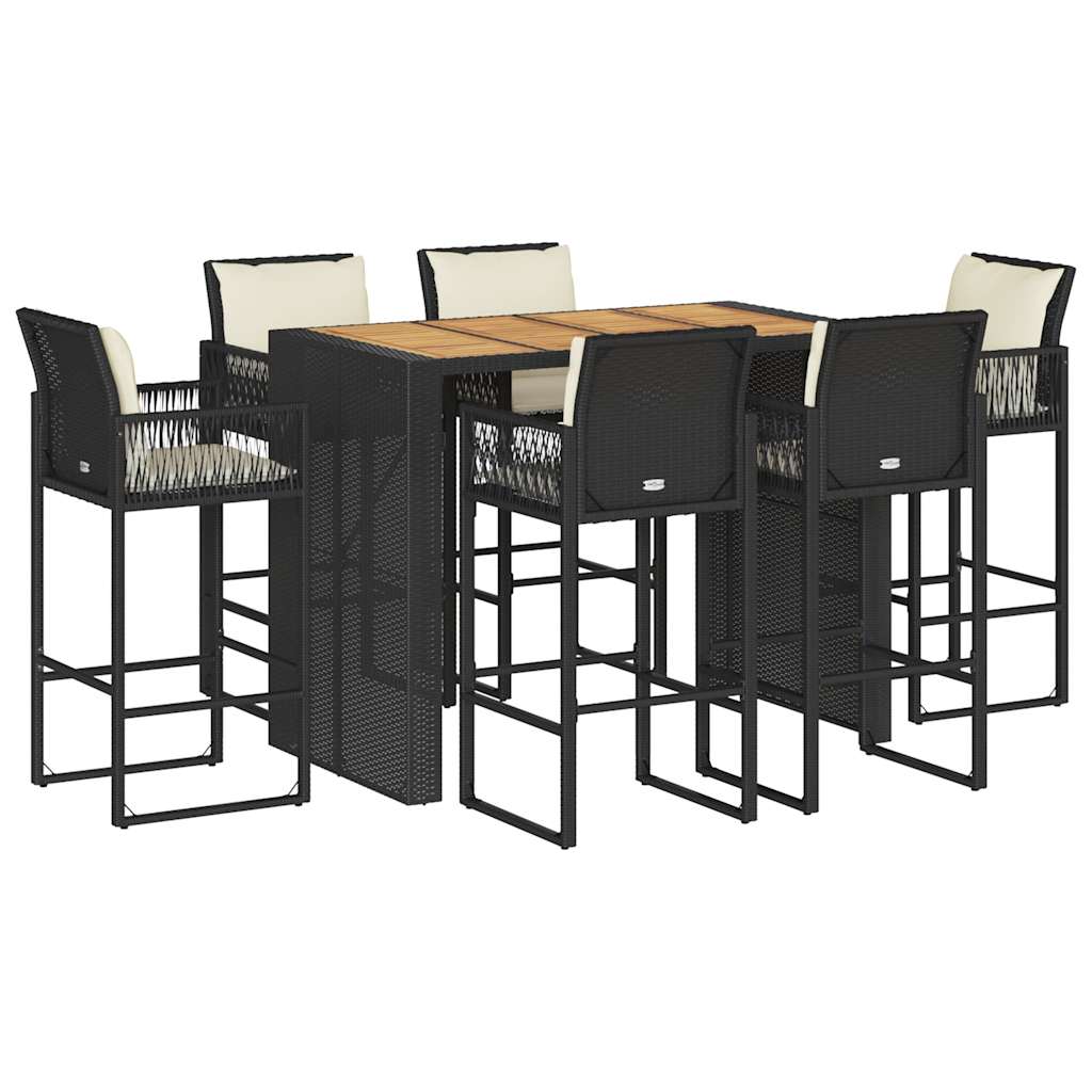 Set Bar da Giardino 7 pz con Cuscini Nero in Polyrattan Acacia | homemem39