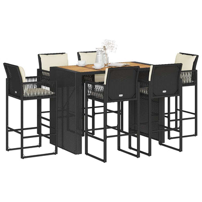 Set Bar da Giardino 7 pz con Cuscini Nero in Polyrattan Acacia | homemem39