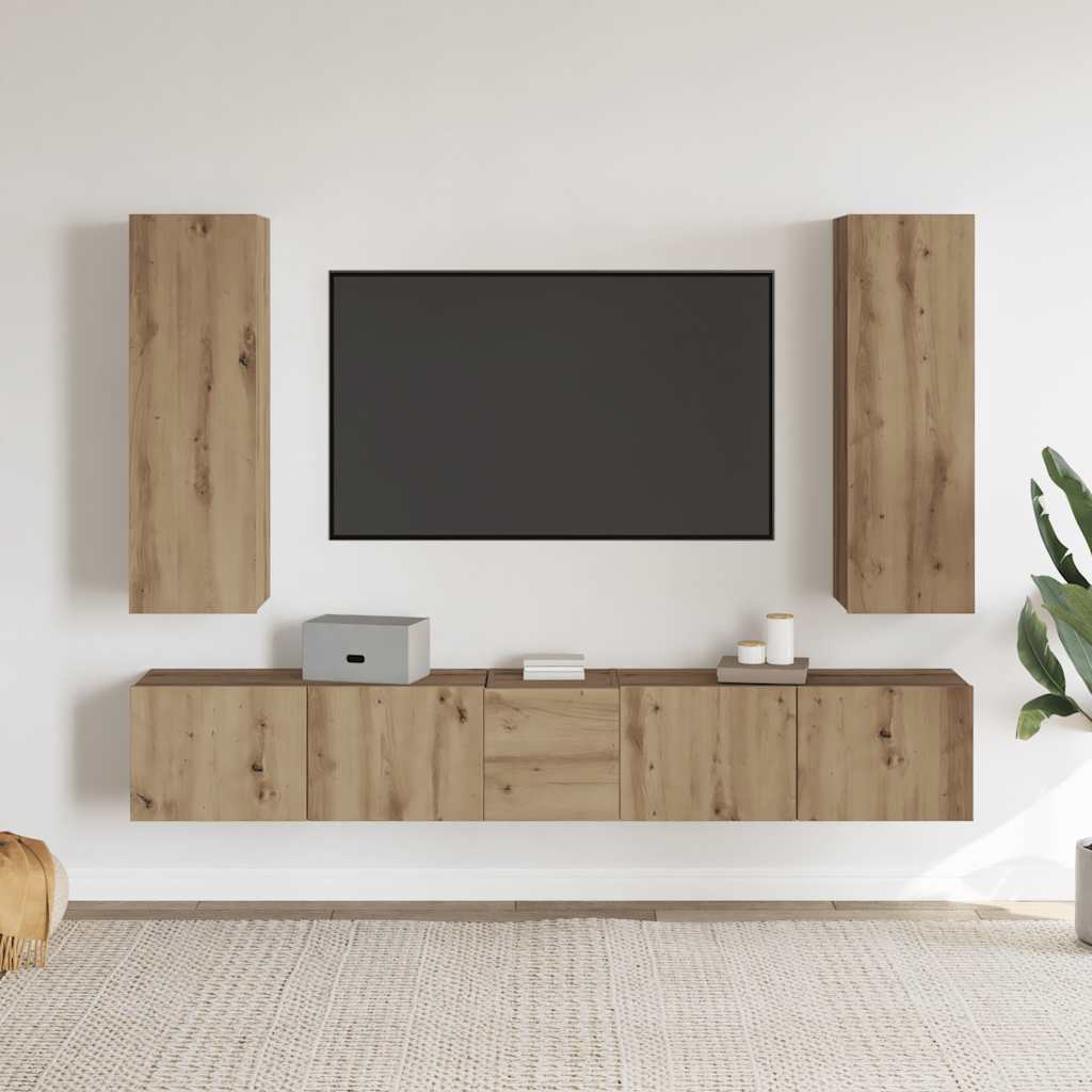 Mobili TV a Parete 5 pz Rovere Artigianale in Legno Multistrato | homemem39