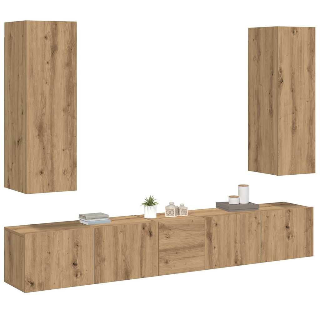 Mobili TV a Parete 5 pz Rovere Artigianale in Legno Multistrato | homemem39