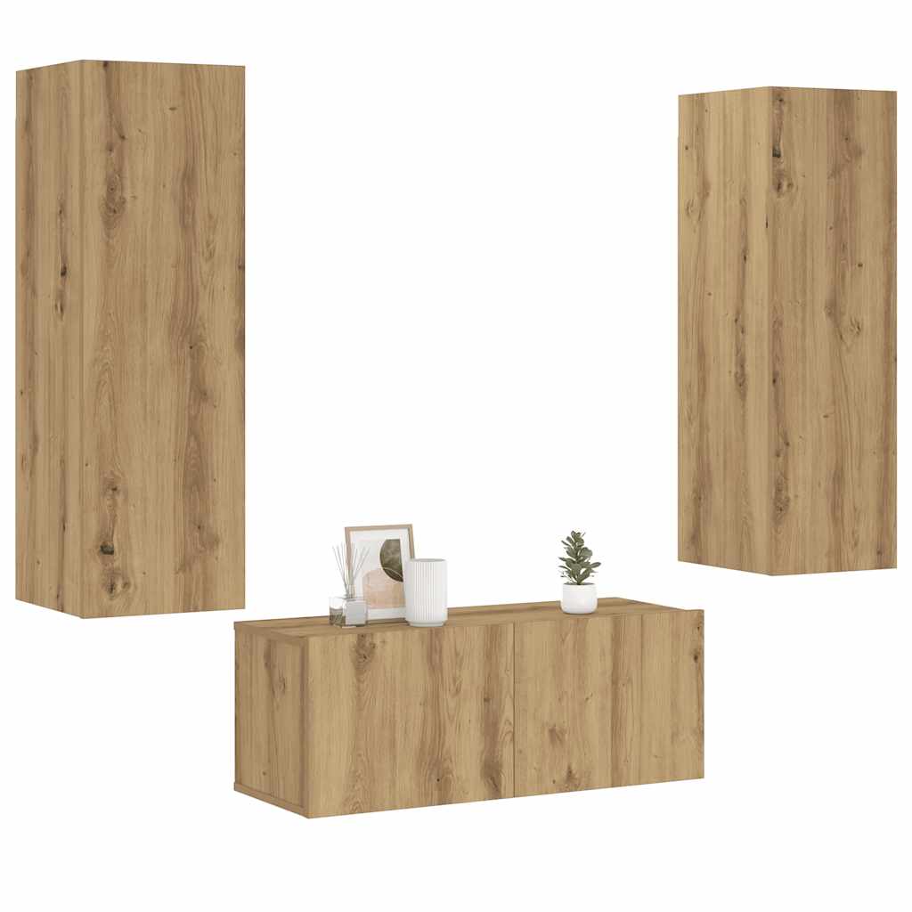 Mobili TV a Parete 3 pz Rovere Artigianale in Legno Multistrato | homemem39