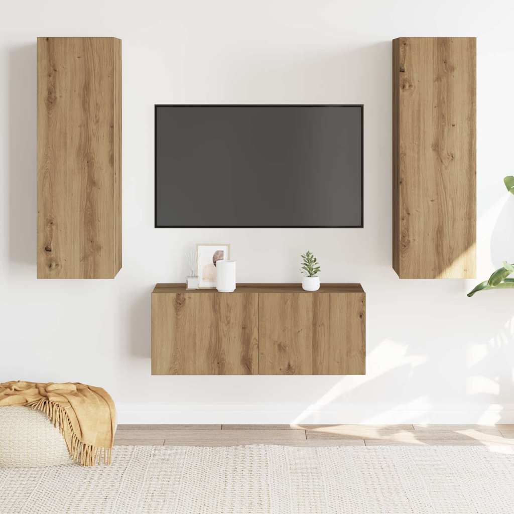Mobili TV a Parete 3 pz Rovere Artigianale in Legno Multistrato | homemem39