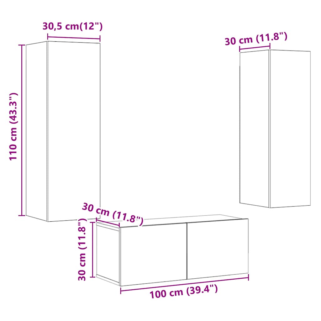 Mobili TV a Parete 3 pz Rovere Artigianale in Legno Multistrato | homemem39