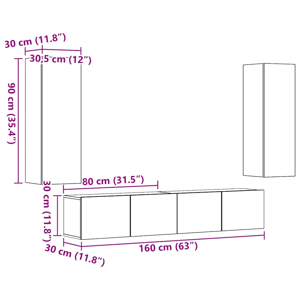 Mobili TV a Parete 4 pz Legno Antico in Legno Multistrato | homemem39