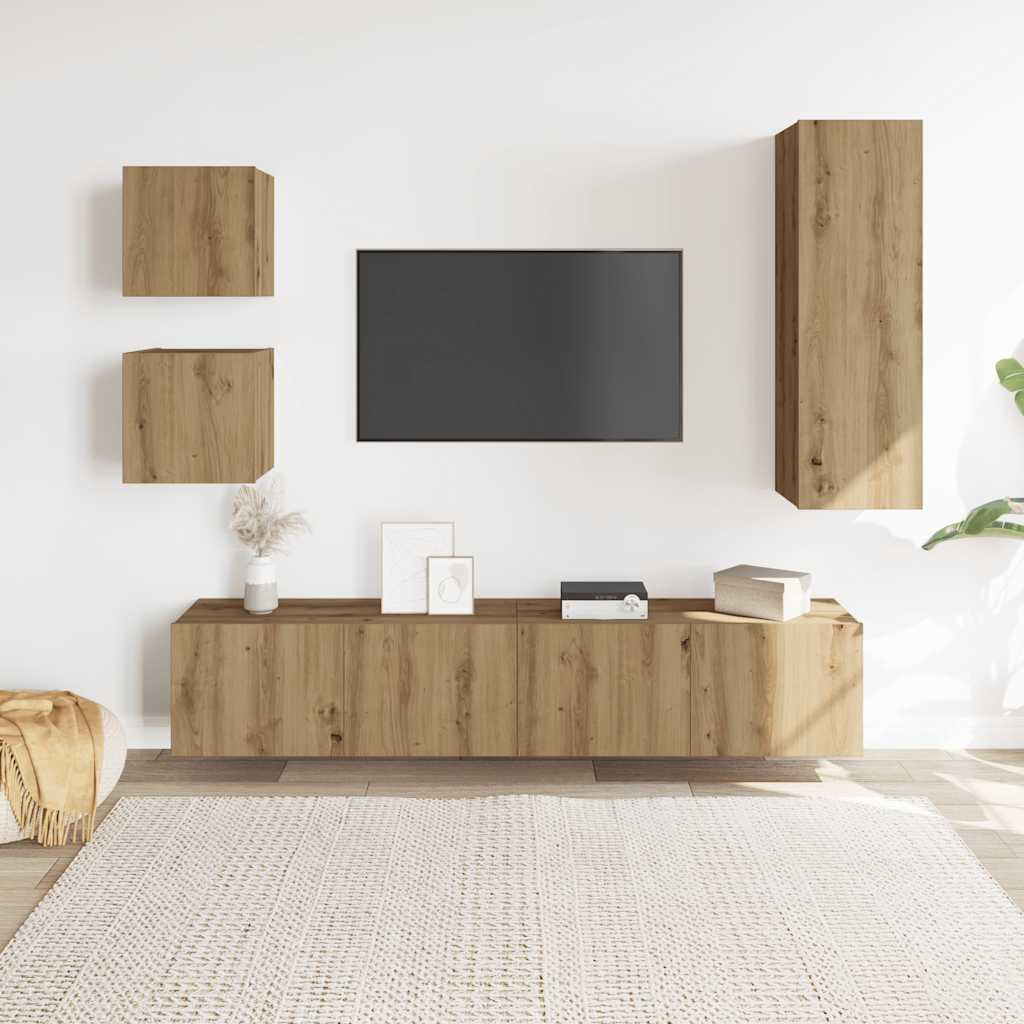 Set Mobile TV 5 pz Montato a Parete Rovere in Legno Multistrato | homemem39