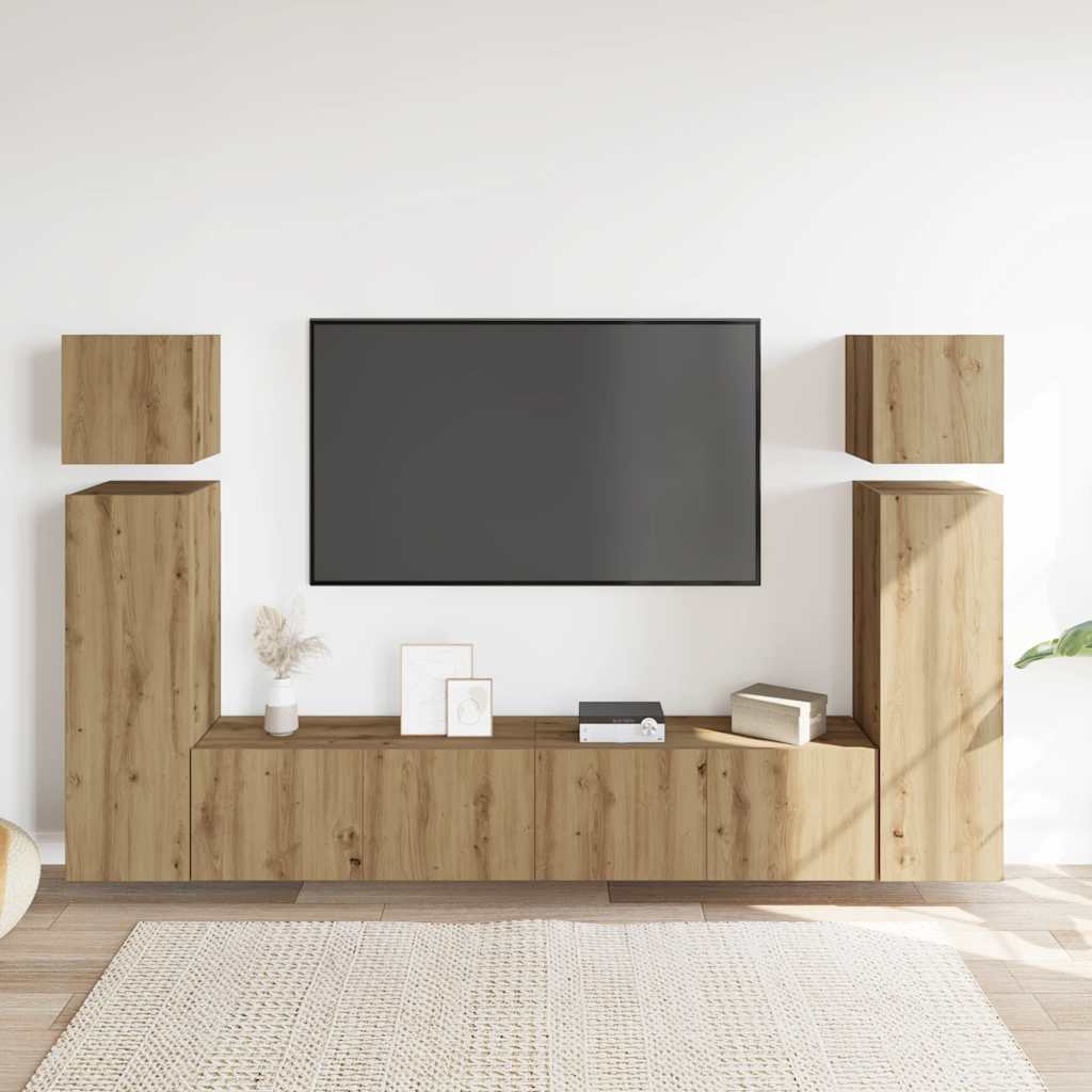 Set Mobile TV 8 pz Montato a Parete Rovere in Legno Multistrato | homemem39