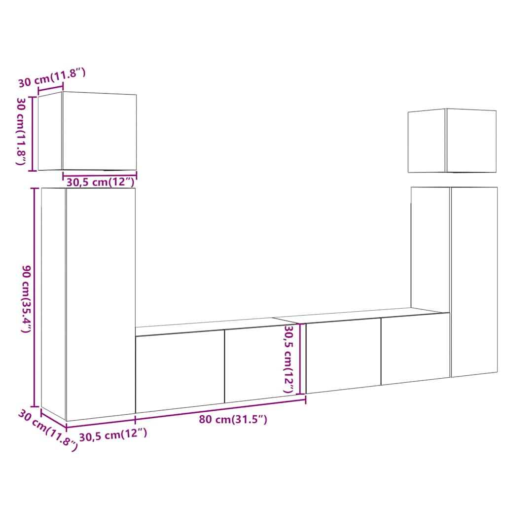 Set Mobile TV 8 pz Montato a Parete Rovere in Legno Multistrato | homemem39