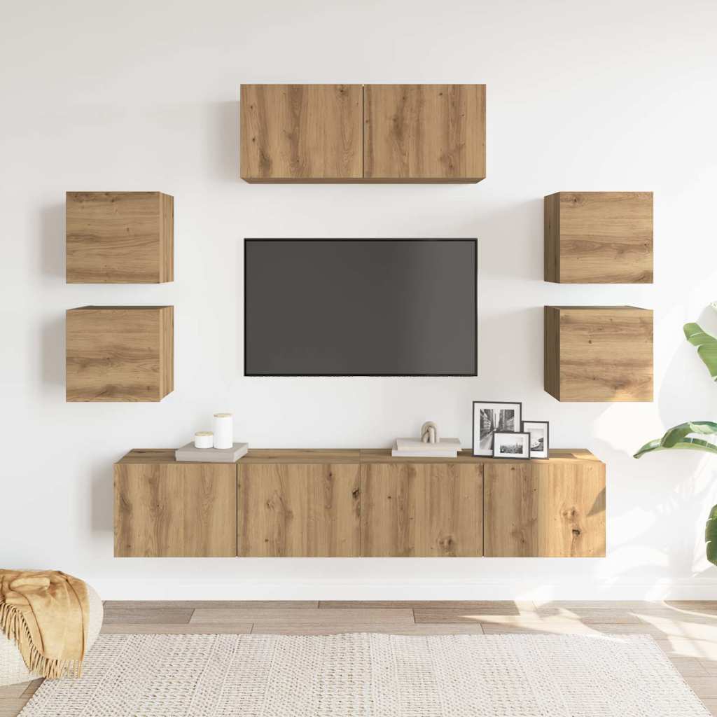 Set Mobile TV 7 pz Montato a Parete Rovere in Legno Multistrato | homemem39