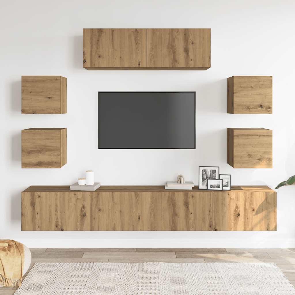 Set Mobile TV 7 pz Montato a Parete Rovere in Legno Multistrato
