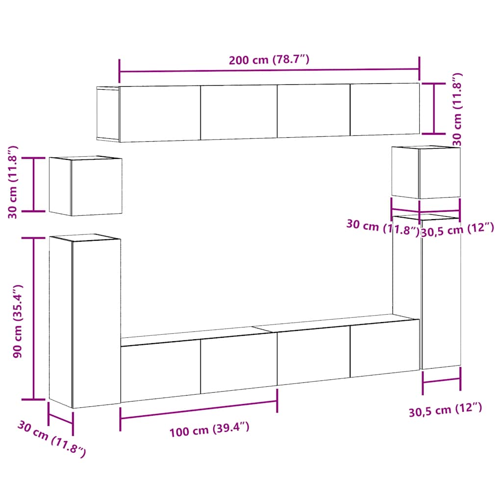 Set Mobile TV 8 pz Montato a Parete Legno Antico in Truciolato | homemem39