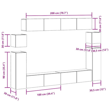 Set Mobile TV 8 pz Montato a Parete Rovere in Legno Multistrato