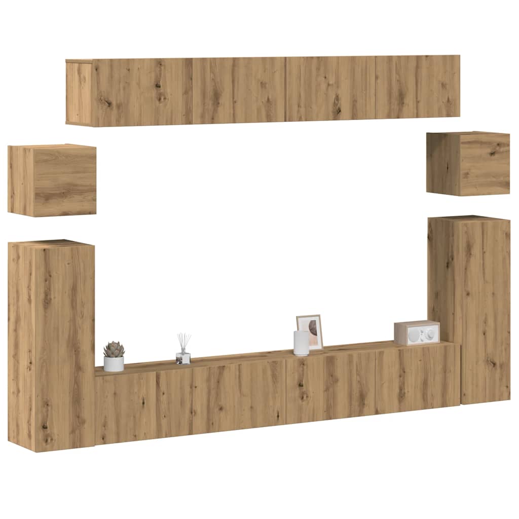 Set Mobile TV 8 pz Montato a Parete Rovere in Legno Multistrato