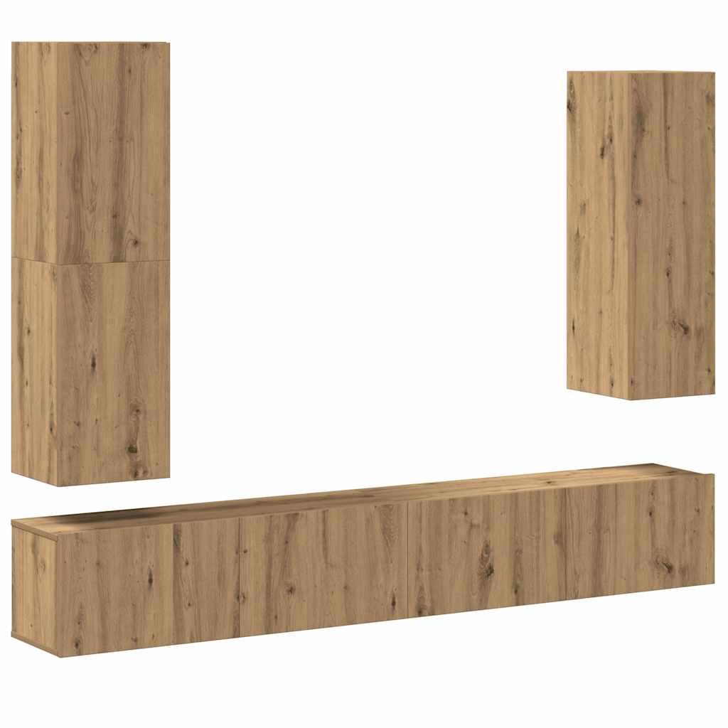 Set Mobile TV 4 pz Montato a Parete Rovere in Legno Multistrato