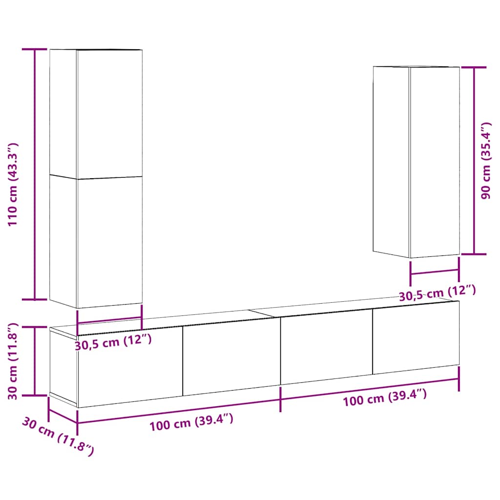 Set Mobile TV 4 pz Montato a Parete Rovere in Legno Multistrato | homemem39
