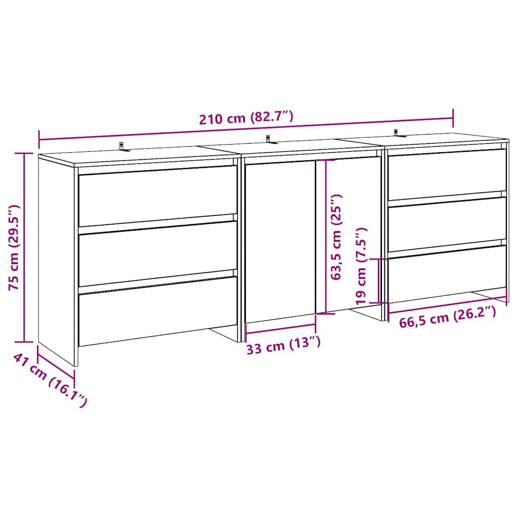 Credenza 3 pz Legno Antico in Legno Multistrato - homemem39
