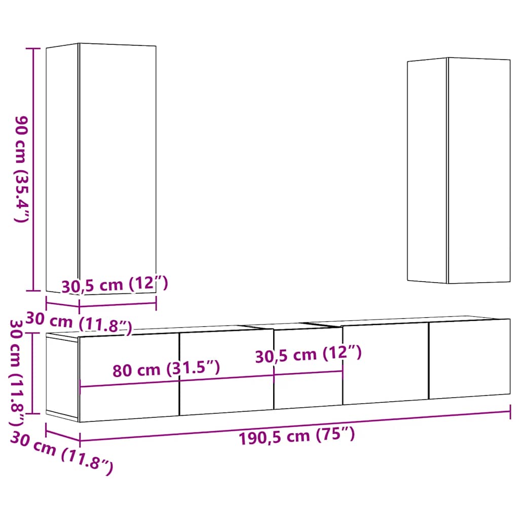Set Mobile TV 5 pz Montato a Parete Legno Antico in Truciolato | homemem39