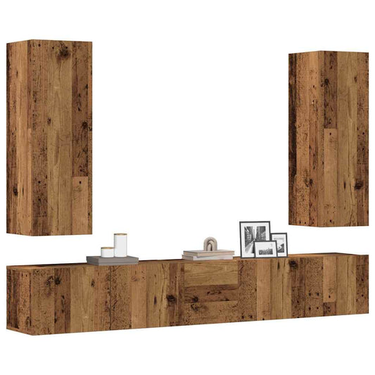 Set Mobile TV 5 pz Montato a Parete Legno Antico in Truciolato | homemem39