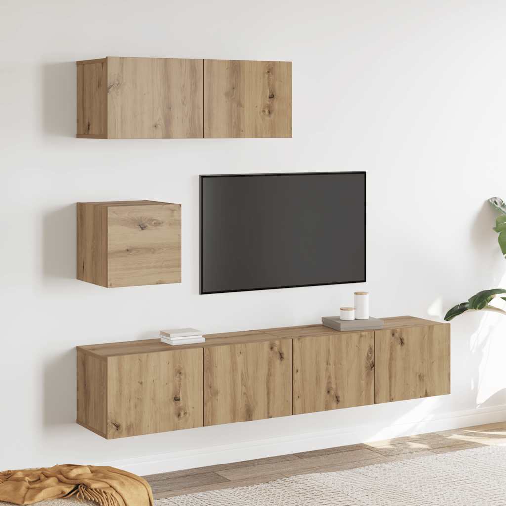 Set Mobile TV 4 pz Montato a Parete Rovere in Legno Multistrato