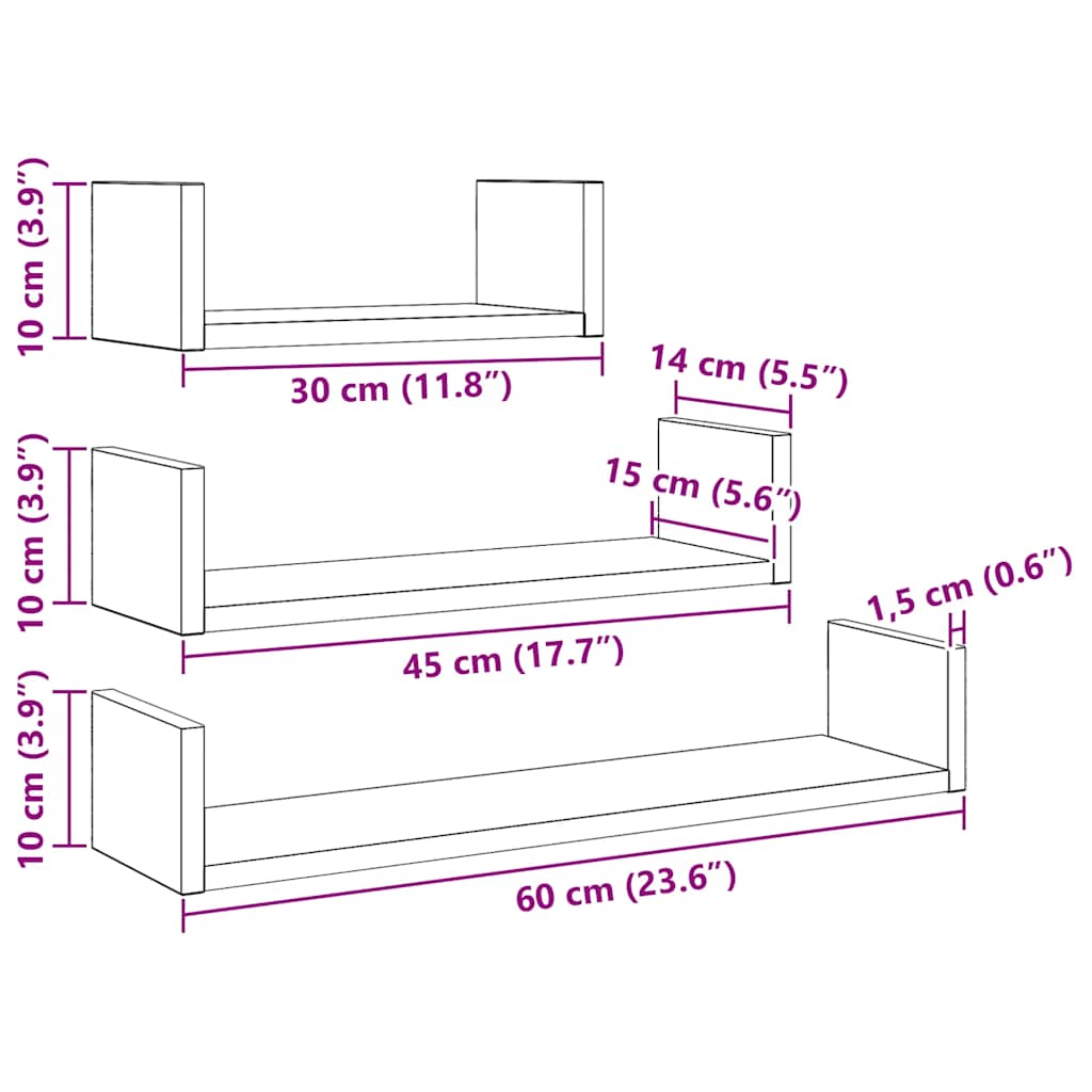 Mensole Parete 3pz Rovere Nero in Legno Multistrato