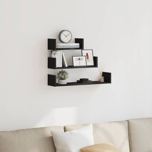 Mensole Parete 3pz Rovere Nero in Legno Multistrato