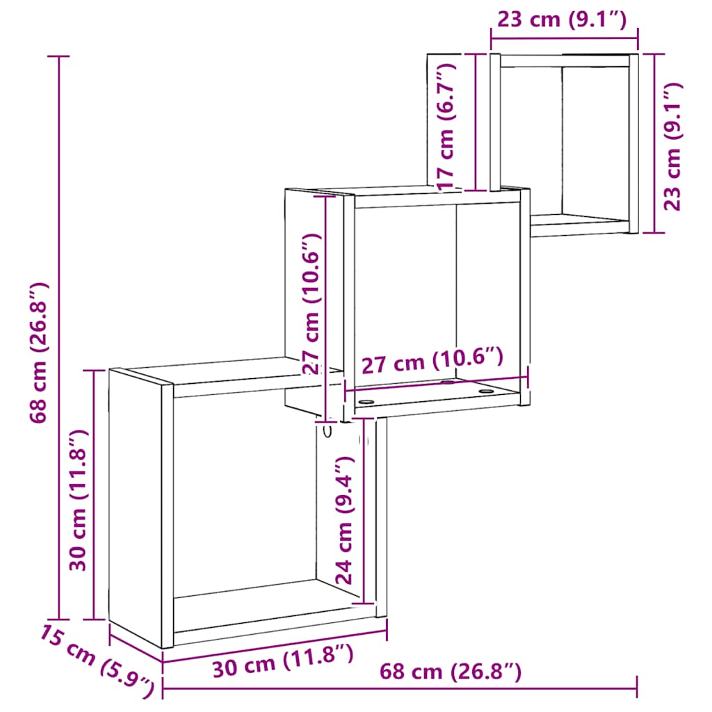 Mensole a Cubo Parete Rovere Nero 68x15x68 cm Legno Multistrato | homemem39