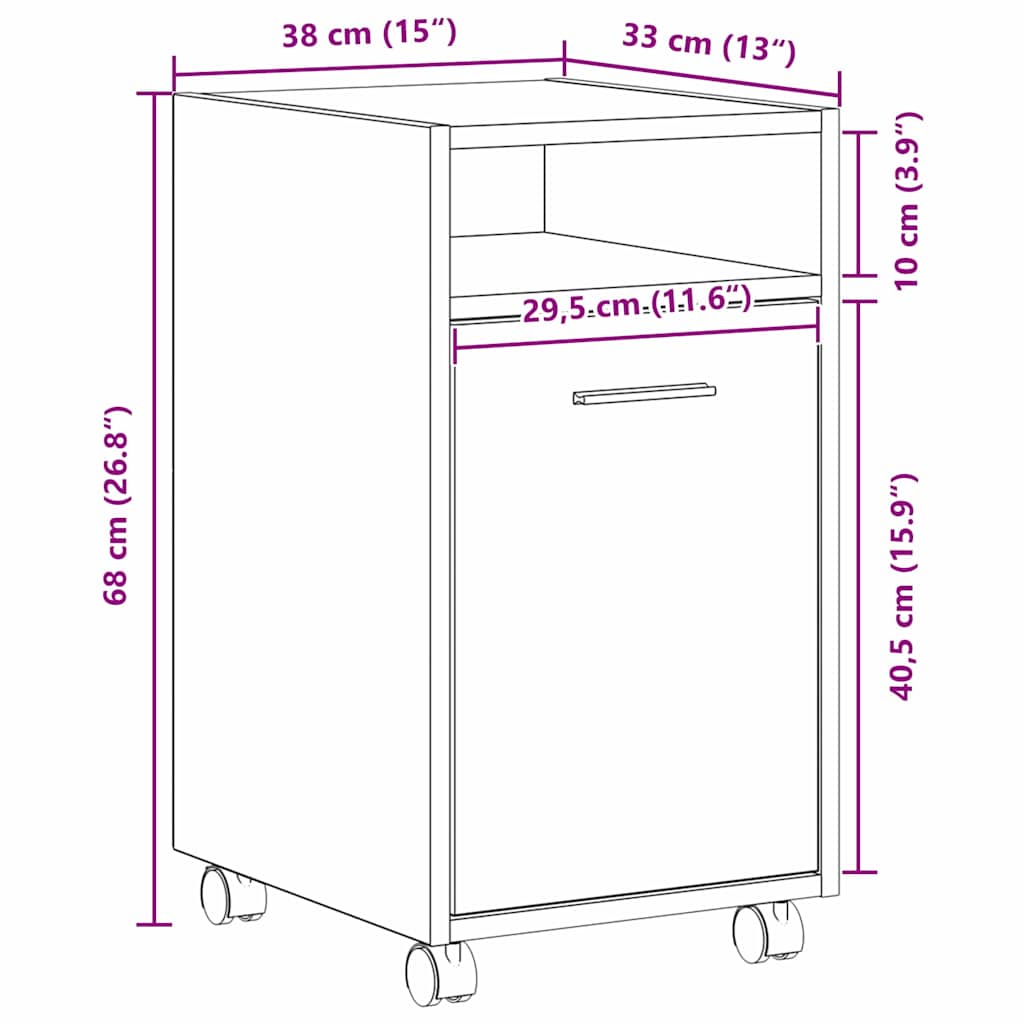 Armadio Laterale Su Ruote con ruota Rovere Nero 33 x 38 x 60 cm | homemem39