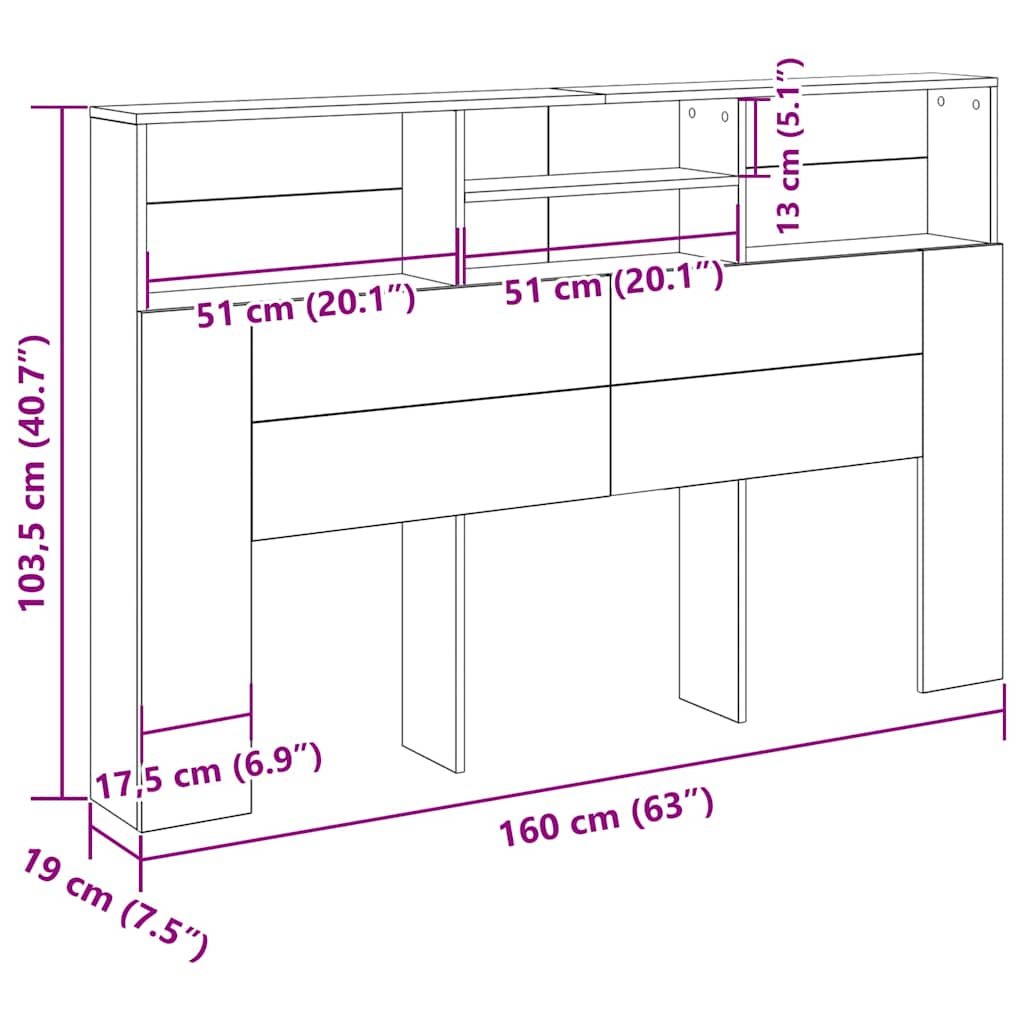 Testata del letto con testiera Rovere Nero 160 x 19 x 103,5 cm