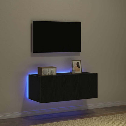 Mobile TV da parete con LED Rovere Nero 80 x 35 x 31 cm