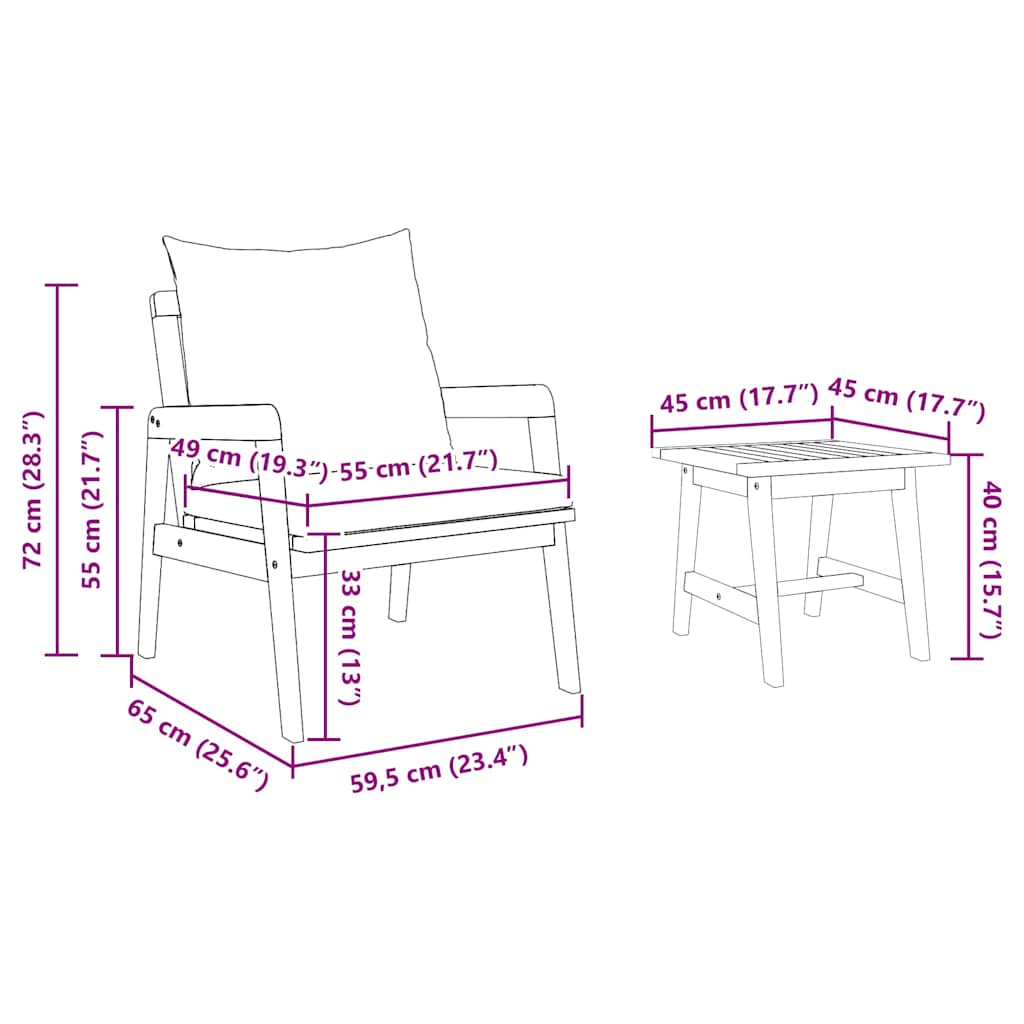 Set bistrot con cuscino 3 pcs Marrone Legno di Acacia Massello