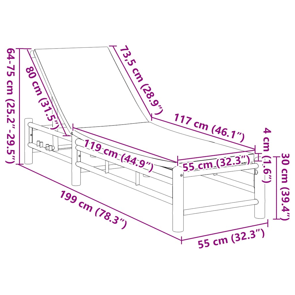 Lettino Prendisole con Cuscini 55x199x30 cm in Bambù - homemem39
