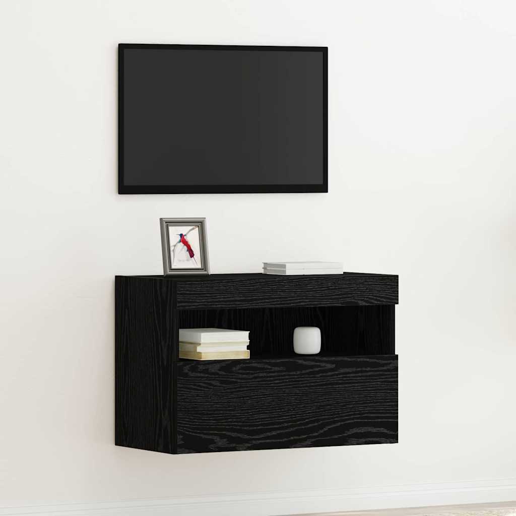 Mobile TV da parete con LED Rovere nero 60 x 30 x 40 cm