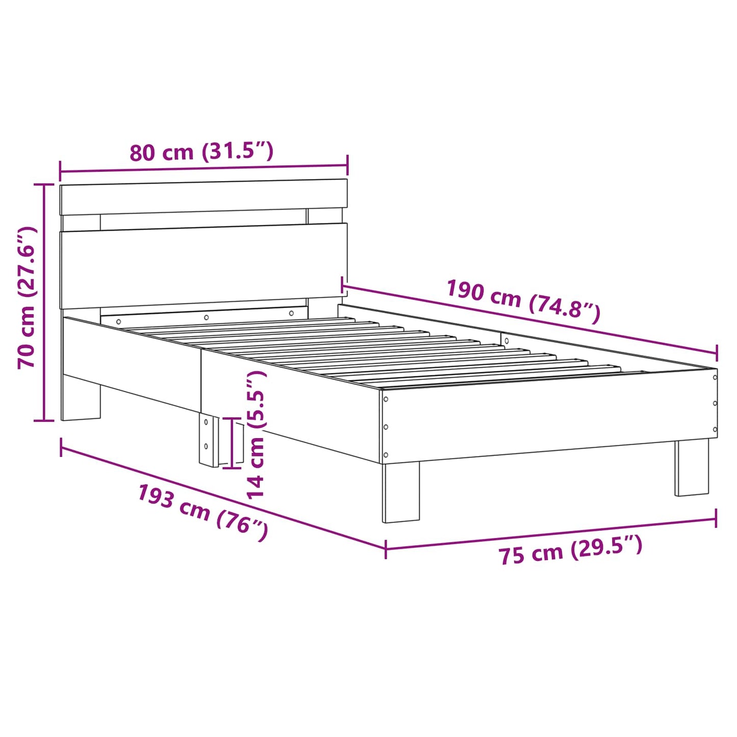 Struttura del letto Rovere Nero 75 x 190 cm Legno multistrato | homemem39