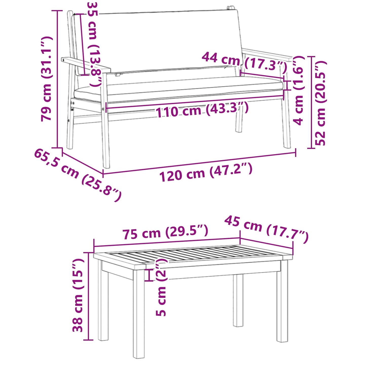 Set Divano da Giardino 3 pcs Marrone 120 x 65,5 x 79 cm | homemem39
