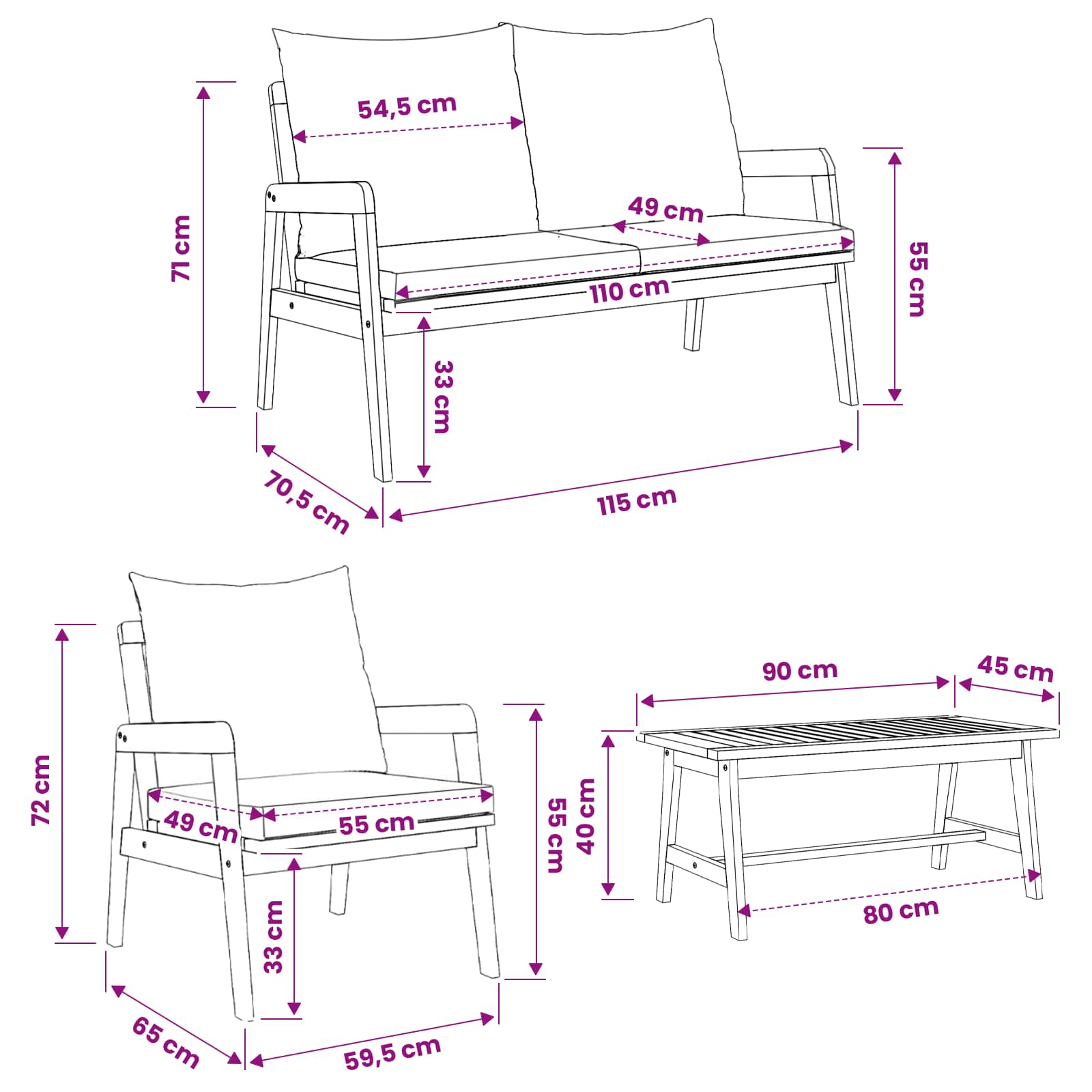 Set bistrot con cuscino 4 pcs Marrone Legno di Acacia Massello | homemem39