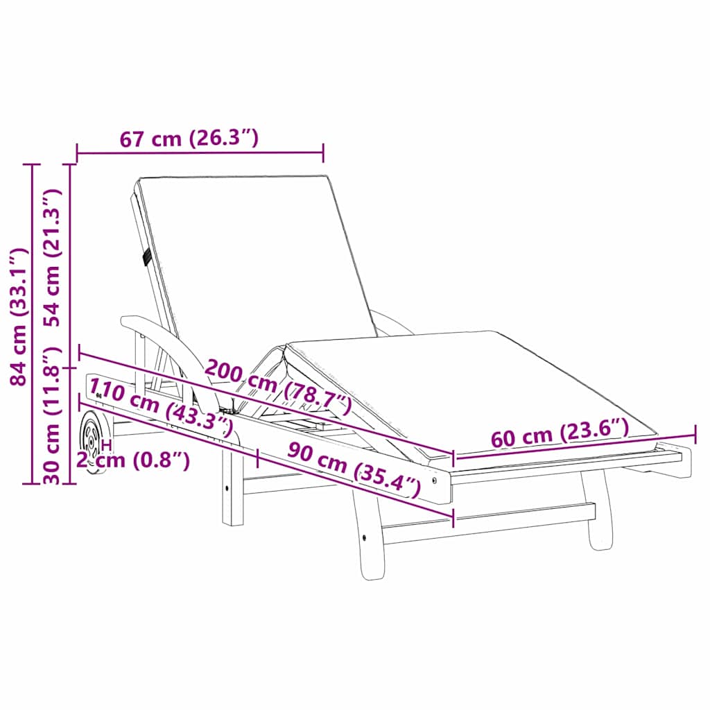 Lettino da sole con cuscino 2 pcs Rosso 200 x 67 x 84cm