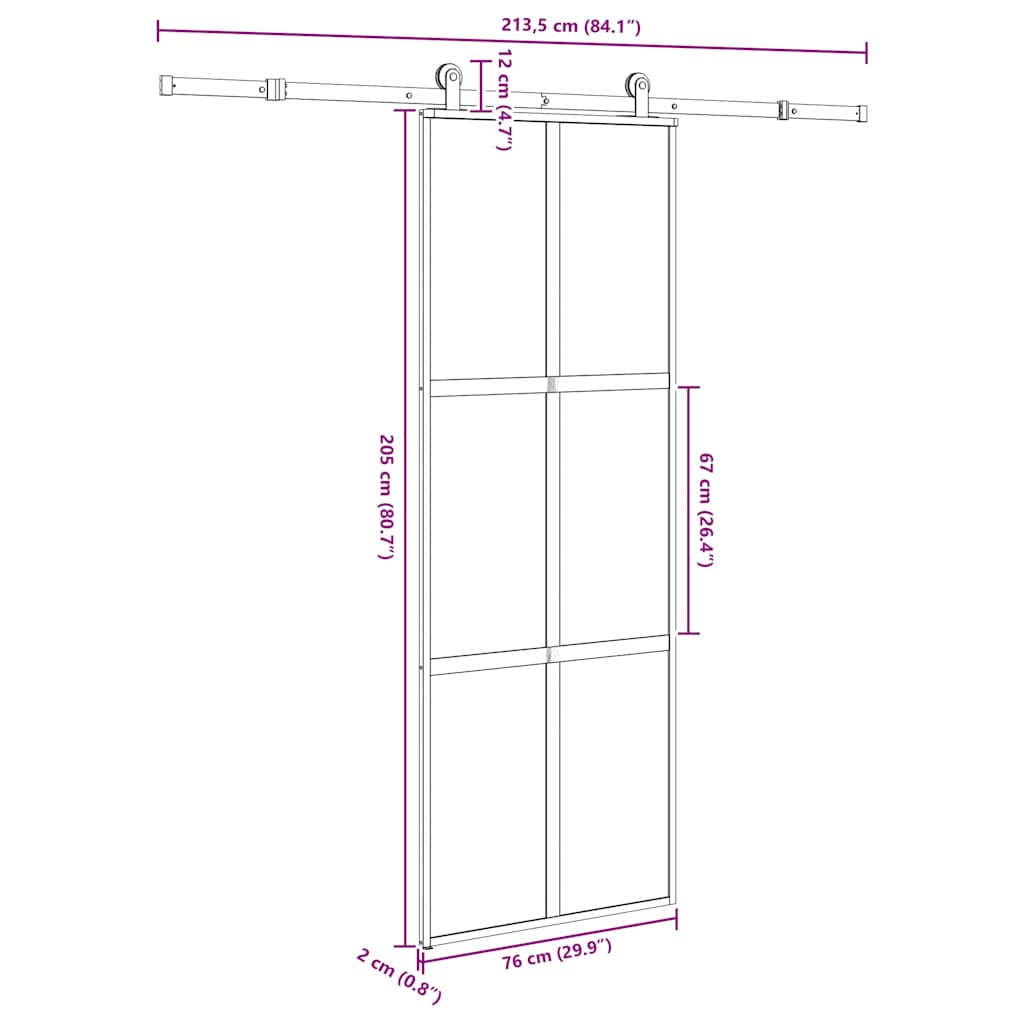 Porta Scorrevole Ferramenta 76x205 cm Vetro Temperato Alluminio | homemem39