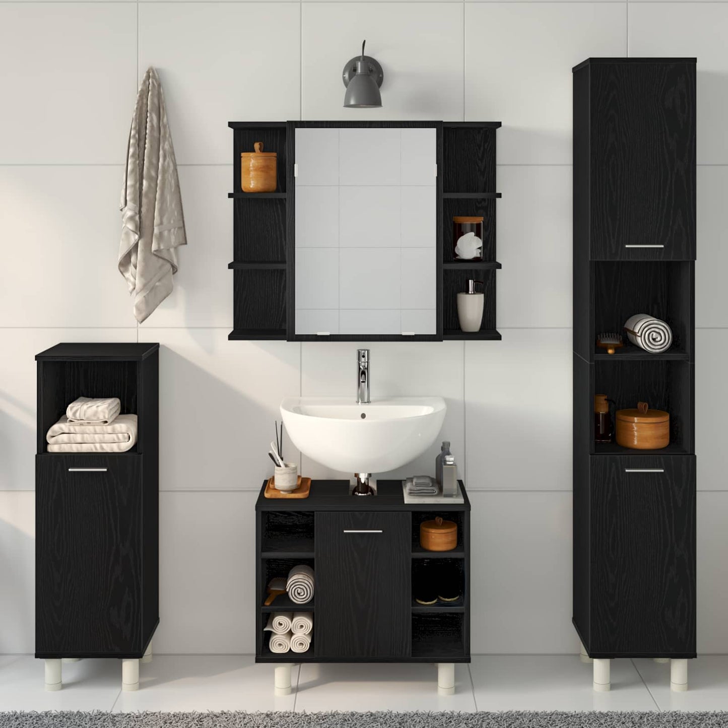 Set di mobili per il bagno 4 pcs Nero 30 x 30 x 179,5 cm | homemem39