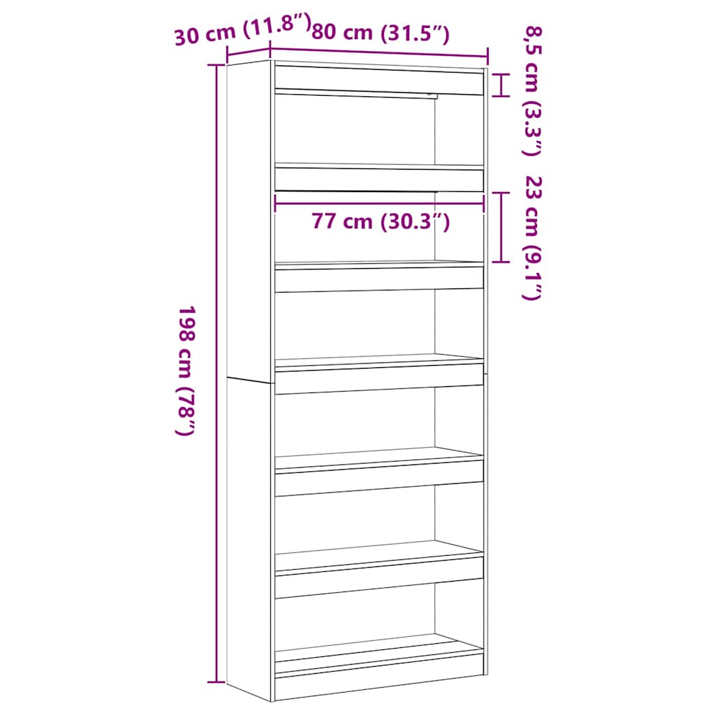 Armadio per Libri 6 livelli 80 x 30 x 198 cm Rovere artigianale | homemem39