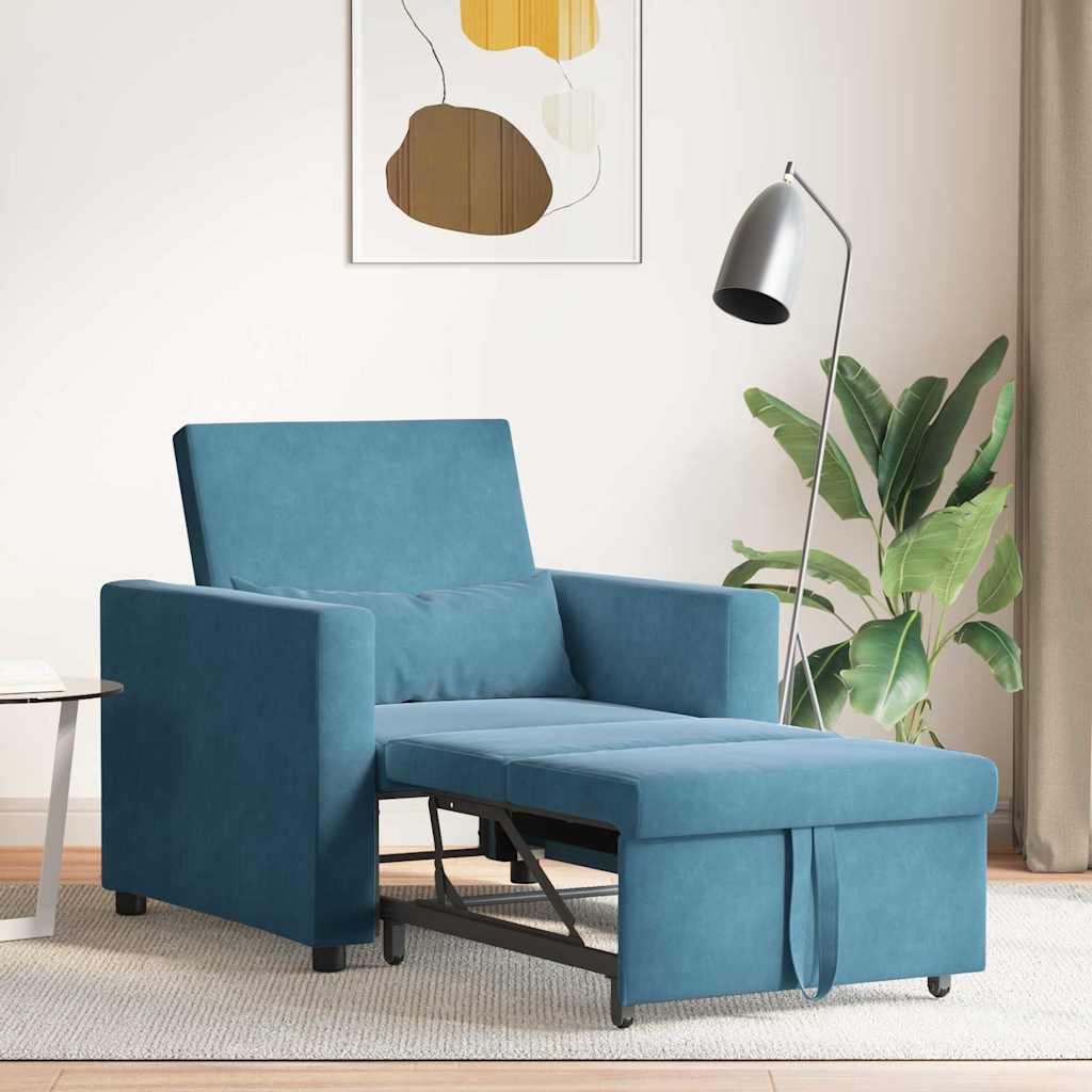 Divano letto estraibile singolo con ruote Blu Velluto