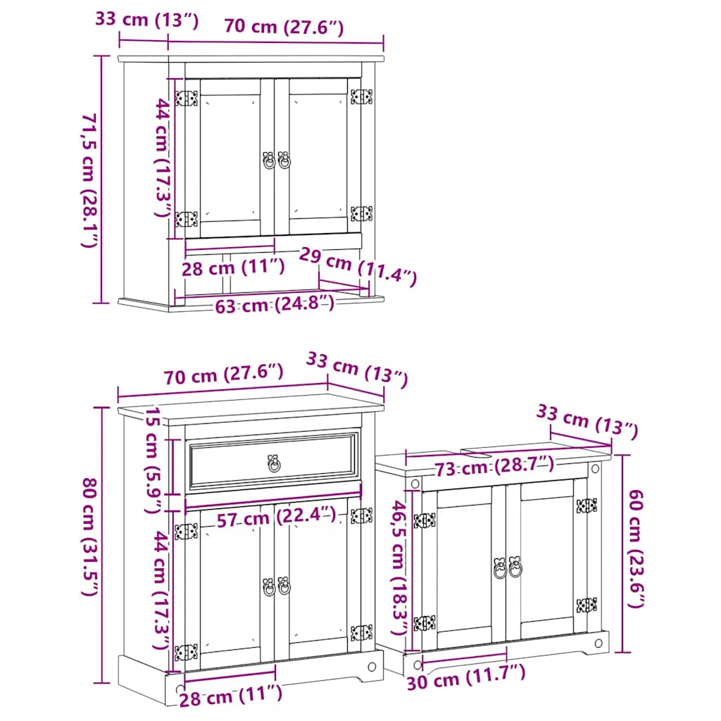 Set Mobili da Bagno 3 pz Corona in Legno Massello di Pino | homemem39