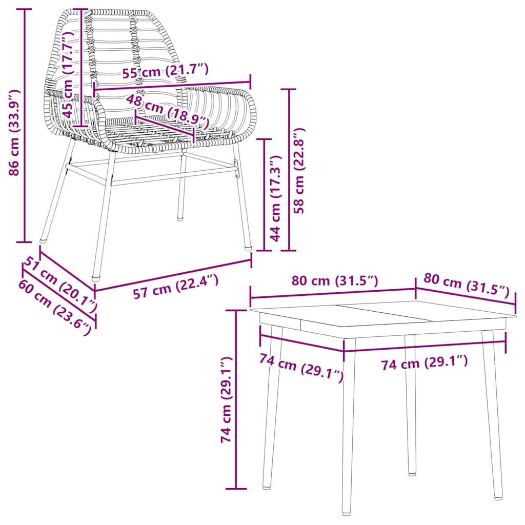 Set da Pranzo da Giardino 3 pz Marrone in Polyrattan Vetro | homemem39