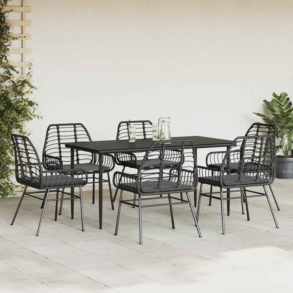 Set Pranzo da Giardino 7 pz Nero con Cuscini Polyrattan Vetro - homemem39
