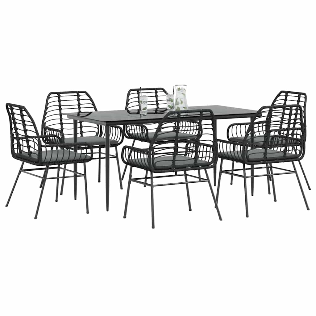 Set Pranzo da Giardino 7 pz Nero con Cuscini Polyrattan Vetro - homemem39