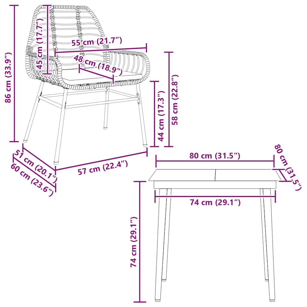 Set da Pranzo da Giardino 3pz con Cuscini Polyrattan Vetro | homemem39