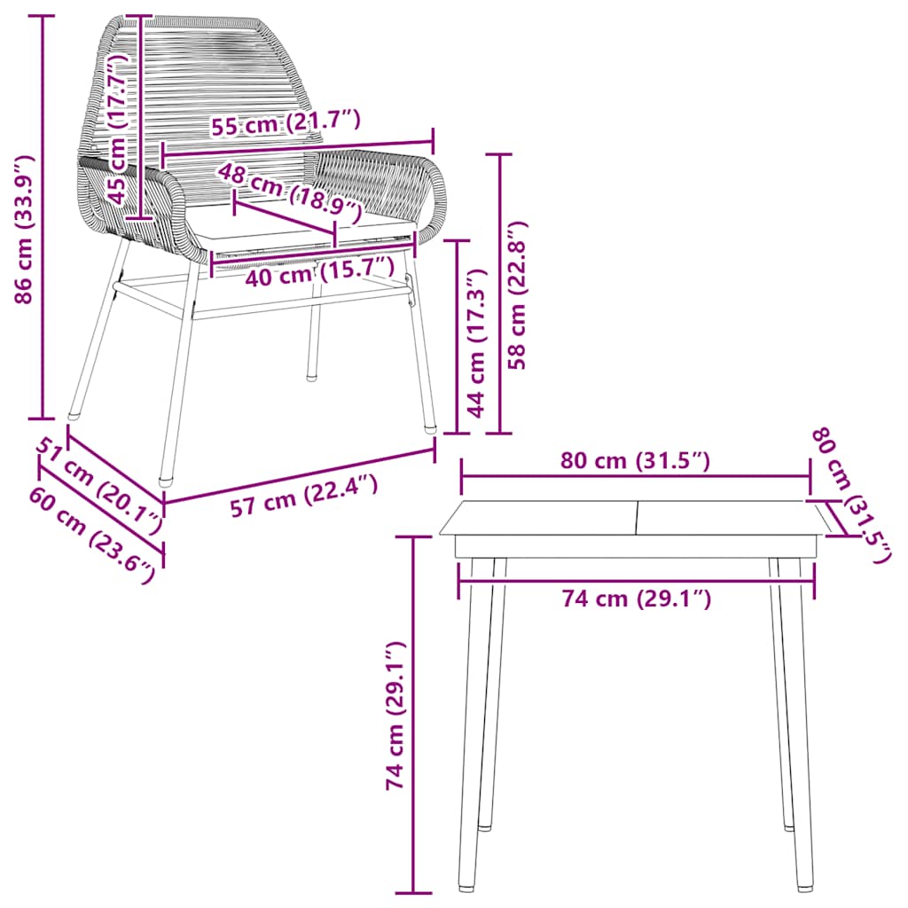 Set da Pranzo da Giardino 3 pz con Cuscini Polyrattan Vetro | homemem39