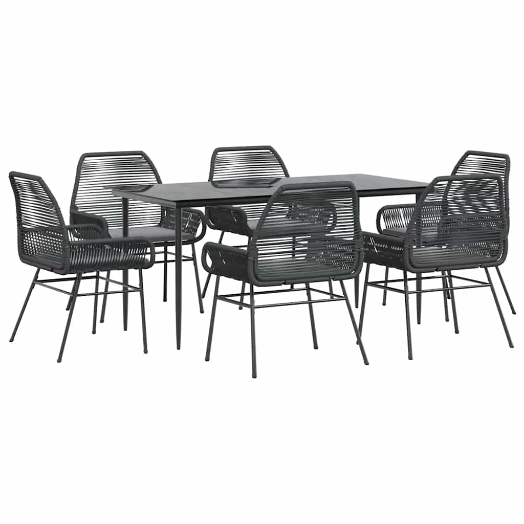 Set Pranzo da Giardino 7 pz Nero con Cuscini Polyrattan Vetro